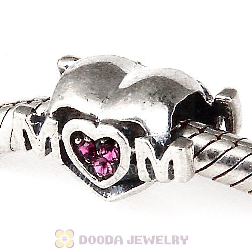 Sterling Silver European MOM Heart Bead with Amethyst Austrian Crystal