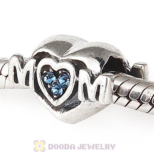 Sterling Silver European MOM Heart Bead with Montana Austrian Crystal