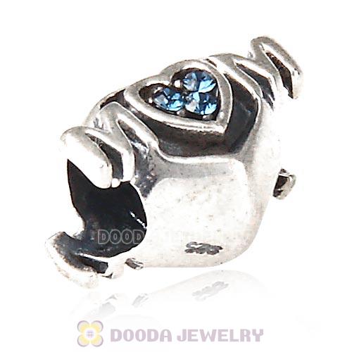 Sterling Silver European MOM Heart Bead with Montana Austrian Crystal