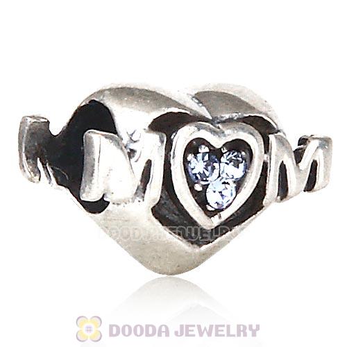 Sterling Silver European MOM Heart Bead with Light Sapphire Austrian Crystal