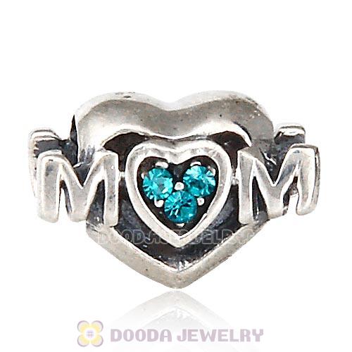 Sterling Silver European MOM Heart Bead with Blue Zircon Austrian Crystal