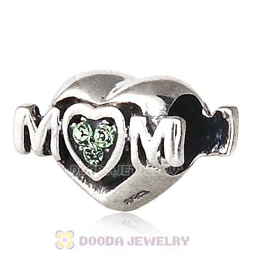 Sterling Silver European MOM Heart Bead with Peridot Austrian Crystal