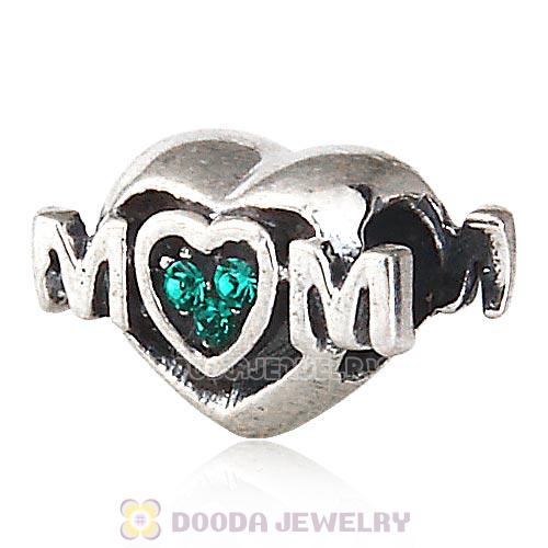 Sterling Silver European MOM Heart Bead with Emerald Austrian Crystal