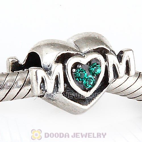 Sterling Silver European MOM Heart Bead with Emerald Austrian Crystal