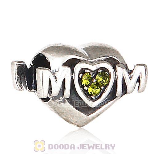 Sterling Silver European MOM Heart Bead with Olivine Austrian Crystal