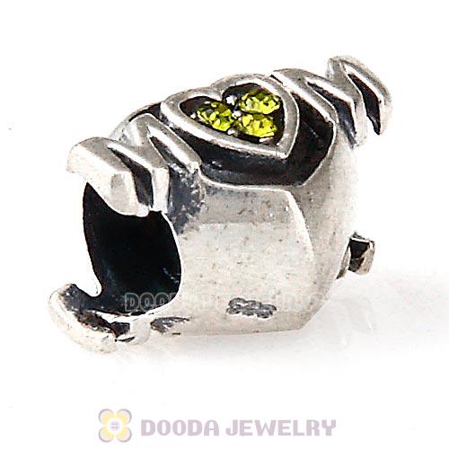 Sterling Silver European MOM Heart Bead with Olivine Austrian Crystal