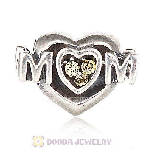 Sterling Silver European MOM Heart Bead with Jonquil Austrian Crystal