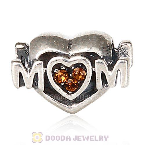 Sterling Silver European MOM Heart Bead with Smoked Topaz Austrian Crystal