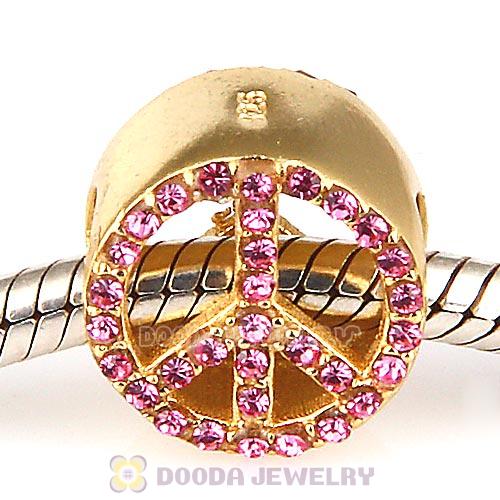 Gold Plated Sterling Silver Peace Button Beads with Rose Austrian Crystal