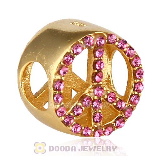 Gold Plated Sterling Silver Peace Button Beads with Rose Austrian Crystal