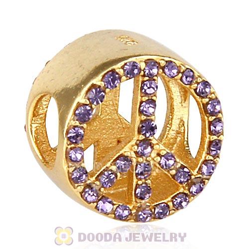 Gold Plated Sterling Silver Peace Button Beads with Tanzanite Austrian Crystal