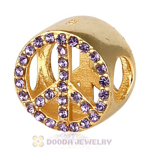 Gold Plated Sterling Silver Peace Button Beads with Tanzanite Austrian Crystal