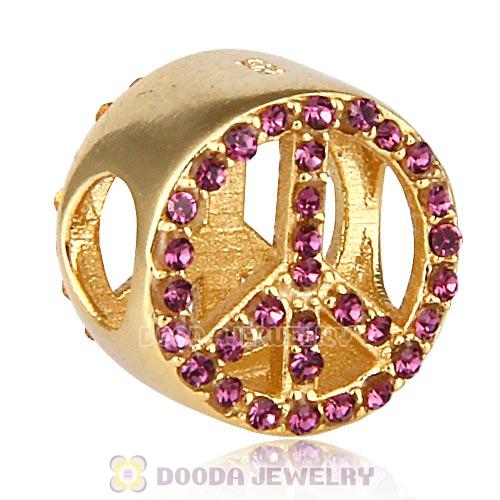 Gold Plated Sterling Silver Peace Button Beads with Amethyst Austrian Crystal