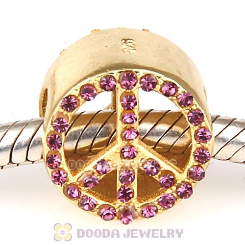 Gold Plated Sterling Silver Peace Button Beads with Amethyst Austrian Crystal