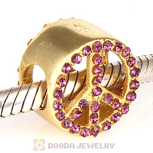 Gold Plated Sterling Silver Peace Button Beads with Amethyst Austrian Crystal