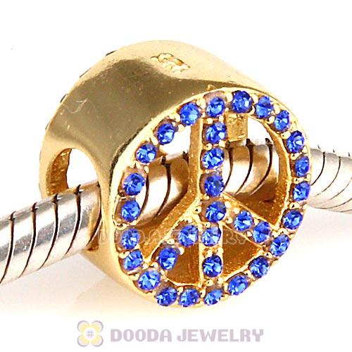 Gold Plated Sterling Silver Peace Button Beads with Sapphire Austrian Crystal