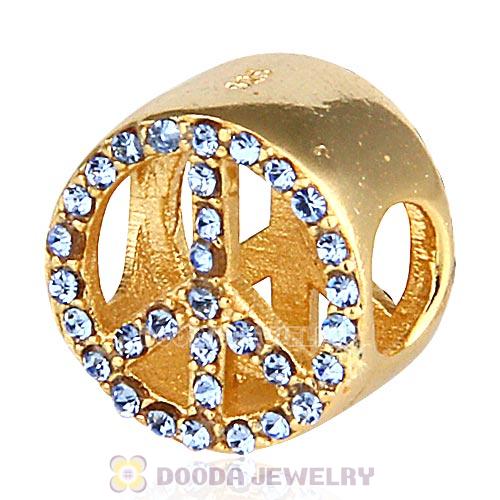 Gold Plated Sterling Silver Peace Button Beads with Light Sapphire Austrian Crystal
