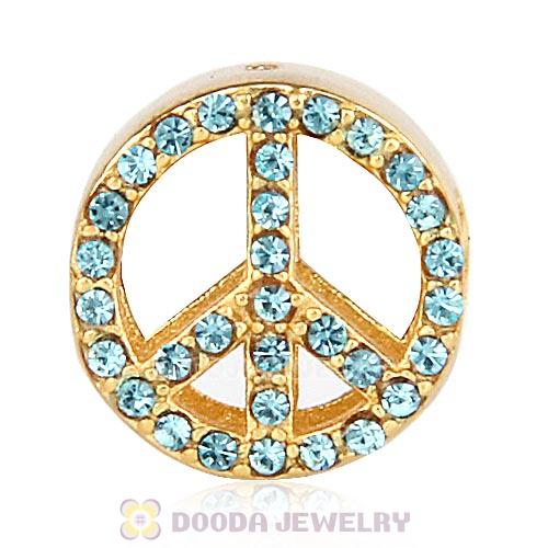Gold Plated Sterling Silver Peace Button Beads with Aquamarine Austrian Crystal