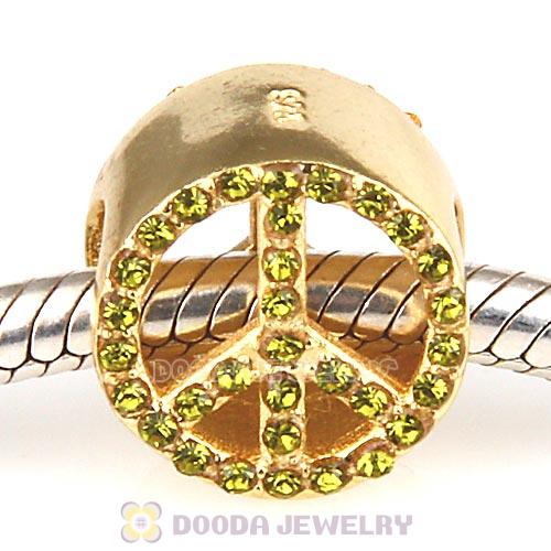 Gold Plated Sterling Silver Peace Button Beads with Olivine Austrian Crystal