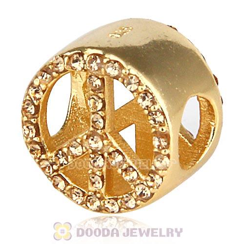Gold Plated Sterling Silver Peace Button Beads with Light Colorado Topaz Austrian Crystal