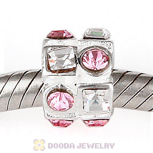 Sterling Silver Beads with Circle Light Rose Square Clear Austrian Crystal