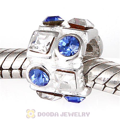 Sterling Silver Beads with Circle Sapphire Square Clear Austrian Crystal