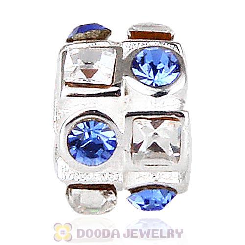 Sterling Silver Beads with Circle Sapphire Square Clear Austrian Crystal