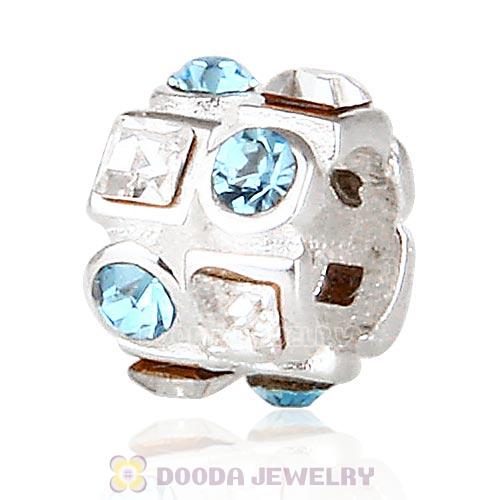 Sterling Silver Beads with Circle Aquamarine Square Clear Austrian Crystal