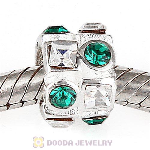 Sterling Silver Beads with Circle Emerald Square Clear Austrian Crystal