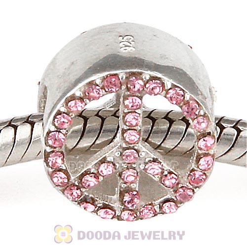 Sterling Silver Peace Button Beads with Light Rose Austrian Crystal