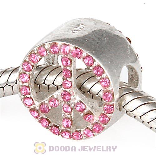 Sterling Silver Peace Button Beads with Rose Austrian Crystal