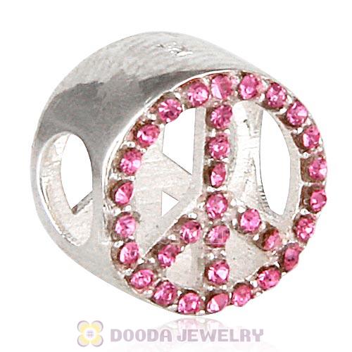 Sterling Silver Peace Button Beads with Rose Austrian Crystal