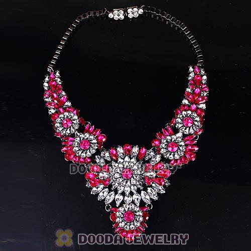 Luxury brand Hot Pink and Clear Crystal Flower Statement Necklaces Wholesale