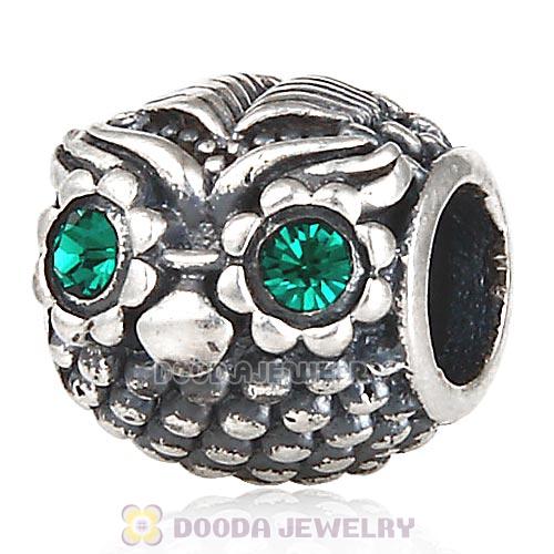 Sterling Silver Wise Owl Charm Beads with Emerald Austrian Crystal