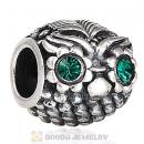 Sterling Silver Wise Owl Charm Beads with Emerald Austrian Crystal