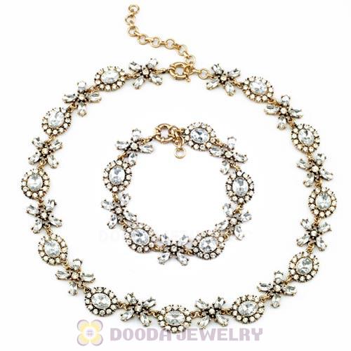 Vintage Style Brand Clear Crystal Flower Necklace Bracelet Jewelry Set