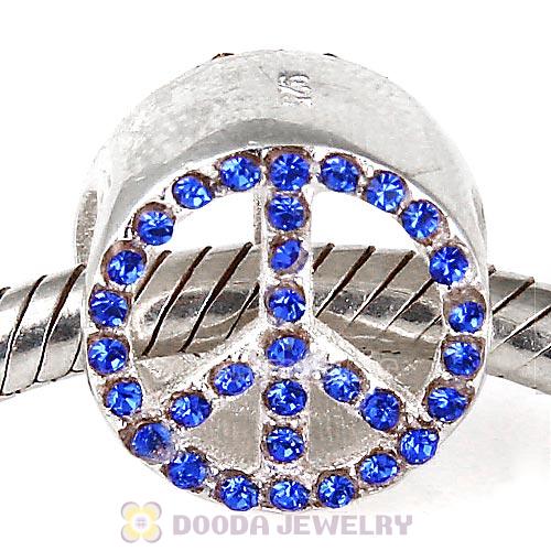 Sterling Silver Peace Button Beads with Sapphire Austrian Crystal