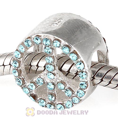 Sterling Silver Peace Button Beads with Aquamarine Austrian Crystal