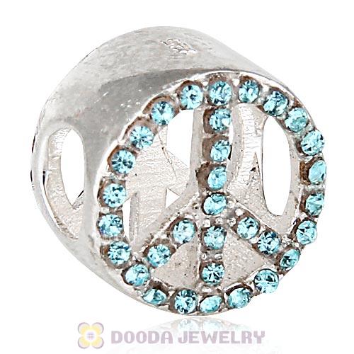 Sterling Silver Peace Button Beads with Aquamarine Austrian Crystal