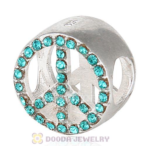 Sterling Silver Peace Button Beads with Blue Zircon Austrian Crystal