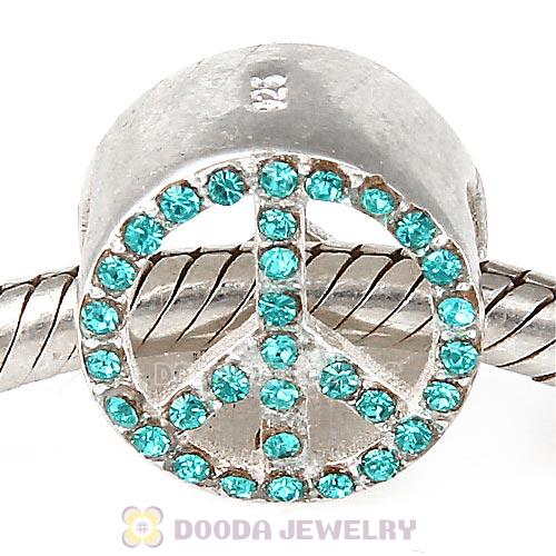 Sterling Silver Peace Button Beads with Blue Zircon Austrian Crystal