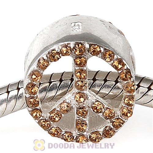 Sterling Silver Peace Button Beads with Smoked Topaz Austrian Crystal