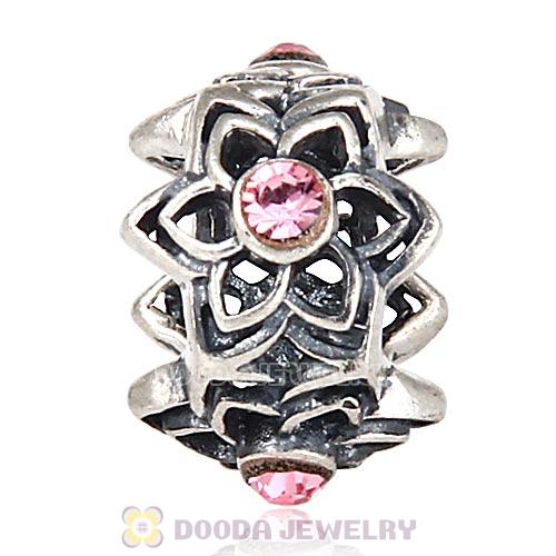 European Sterling Silver Dahlia Charm Beads with Light Rose Austrian Crystal