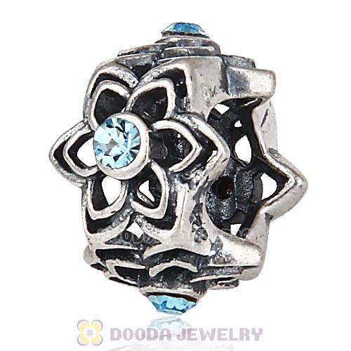 European Sterling Silver Dahlia Charm Beads with Aquamarine Austrian Crystal