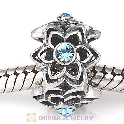 European Sterling Silver Dahlia Charm Beads with Aquamarine Austrian Crystal