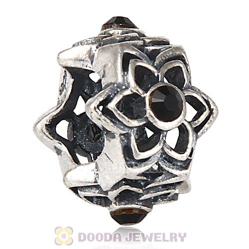 European Sterling Silver Dahlia Charm Beads with Jet Austrian Crystal