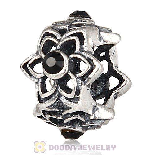 European Sterling Silver Dahlia Charm Beads with Jet Austrian Crystal