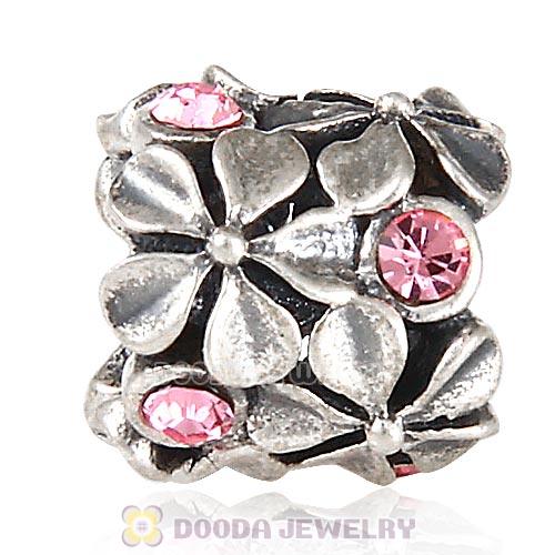Sterling Silver Buttercup Flower European Beads with Light Rose Austrian Crystal