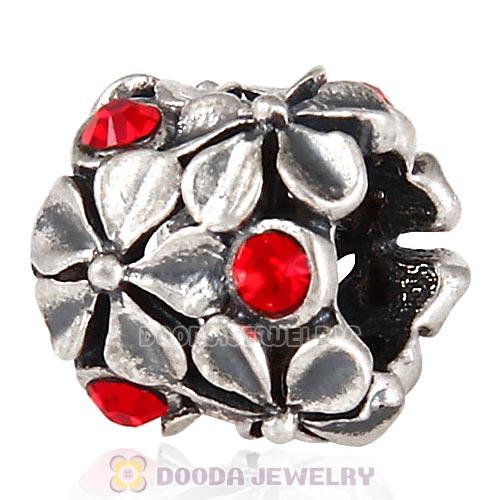 Sterling Silver Buttercup Flower European Beads with Light Siam Austrian Crystal
