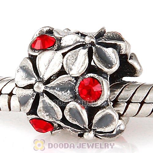 Sterling Silver Buttercup Flower European Beads with Light Siam Austrian Crystal